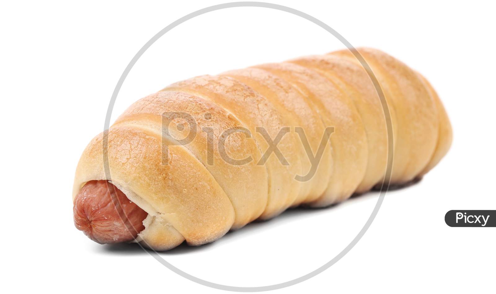 Close Up Of Baked Hot Dog. Isolated On White Background.