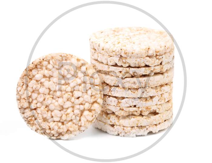 Stack Of Puffed Rice Snack. Isolated On A White Background.