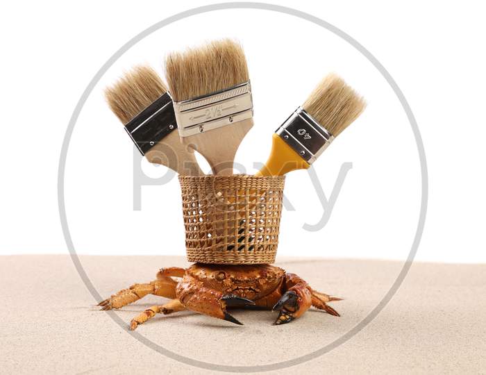 Composition Of Crab Basket And Brushes. Isolated On A White Background.