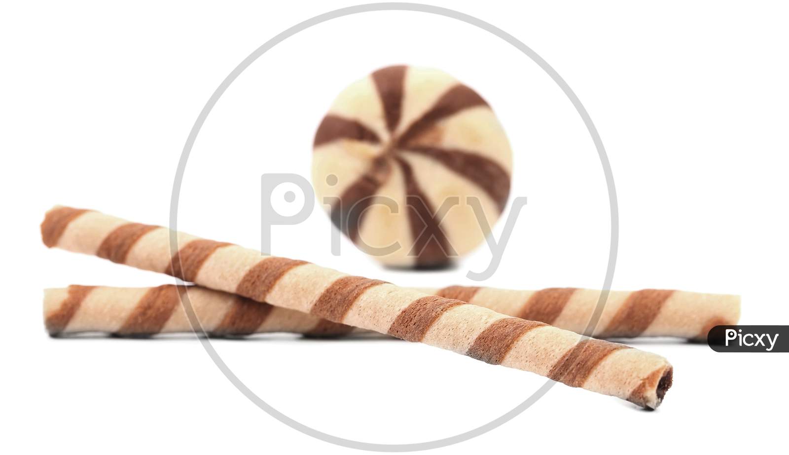 Chocolate Wafer Rolls And Stake Biscuits. Isolated On A White Background.