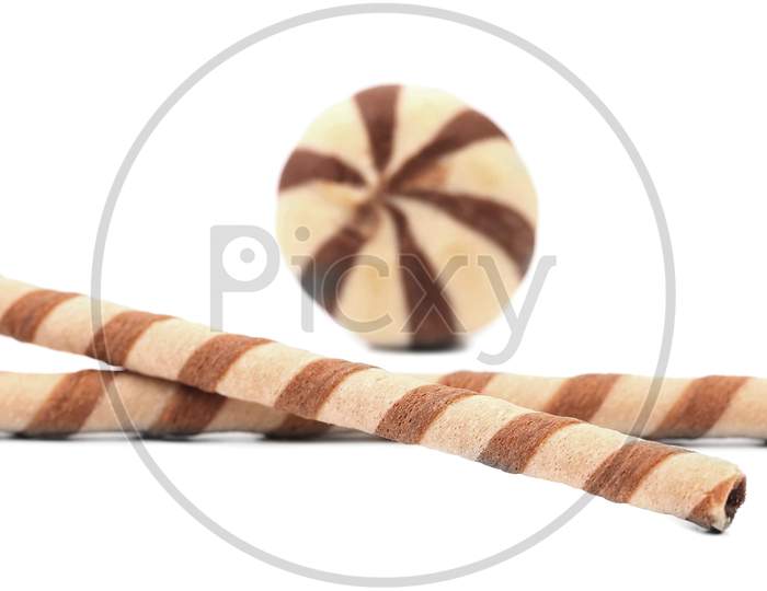 Chocolate Wafer Rolls And Stake Biscuits. Isolated On A White Background.