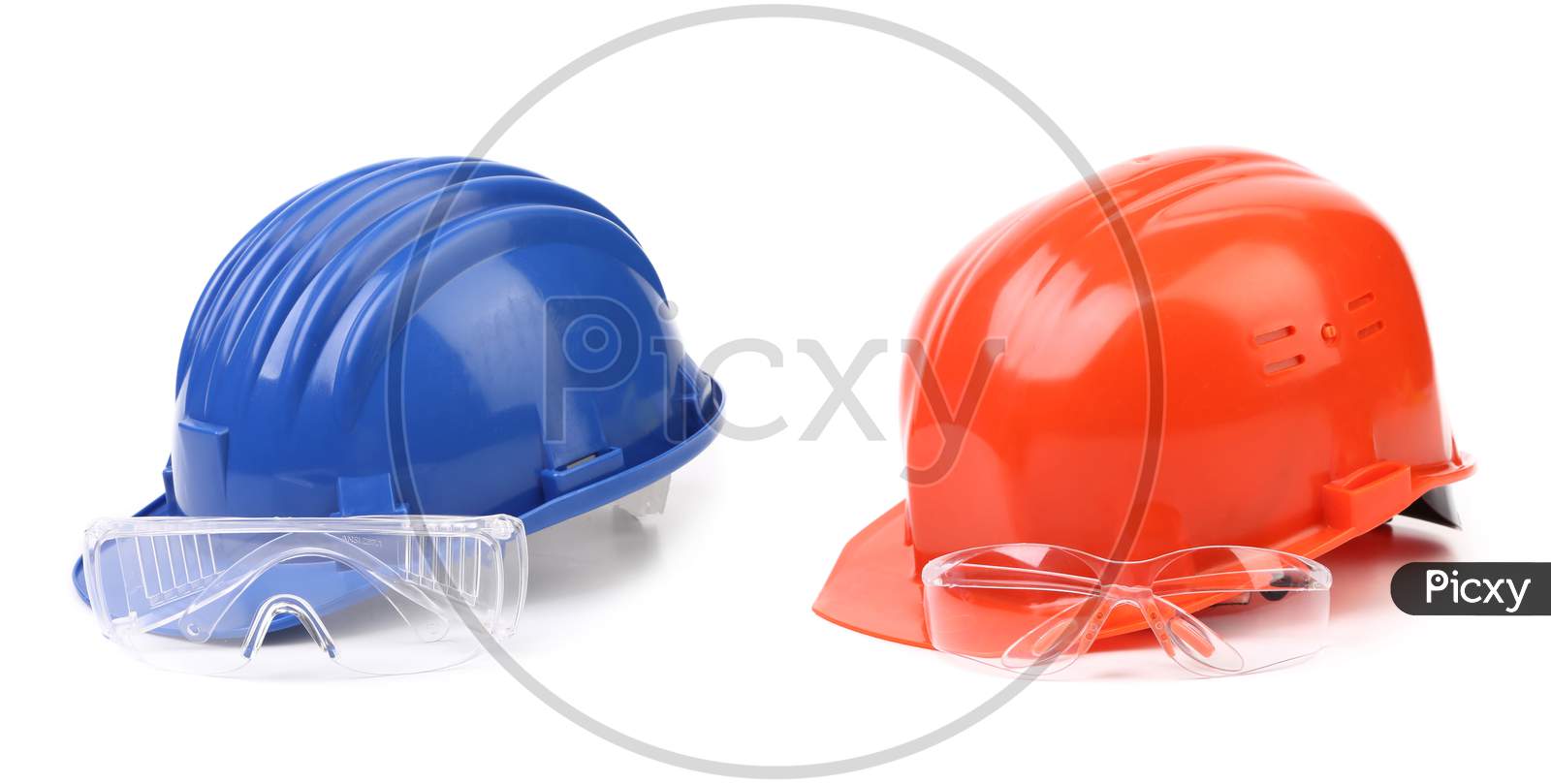 Red And Blue Hard Hat With Glasses. Isolated On A White Background.