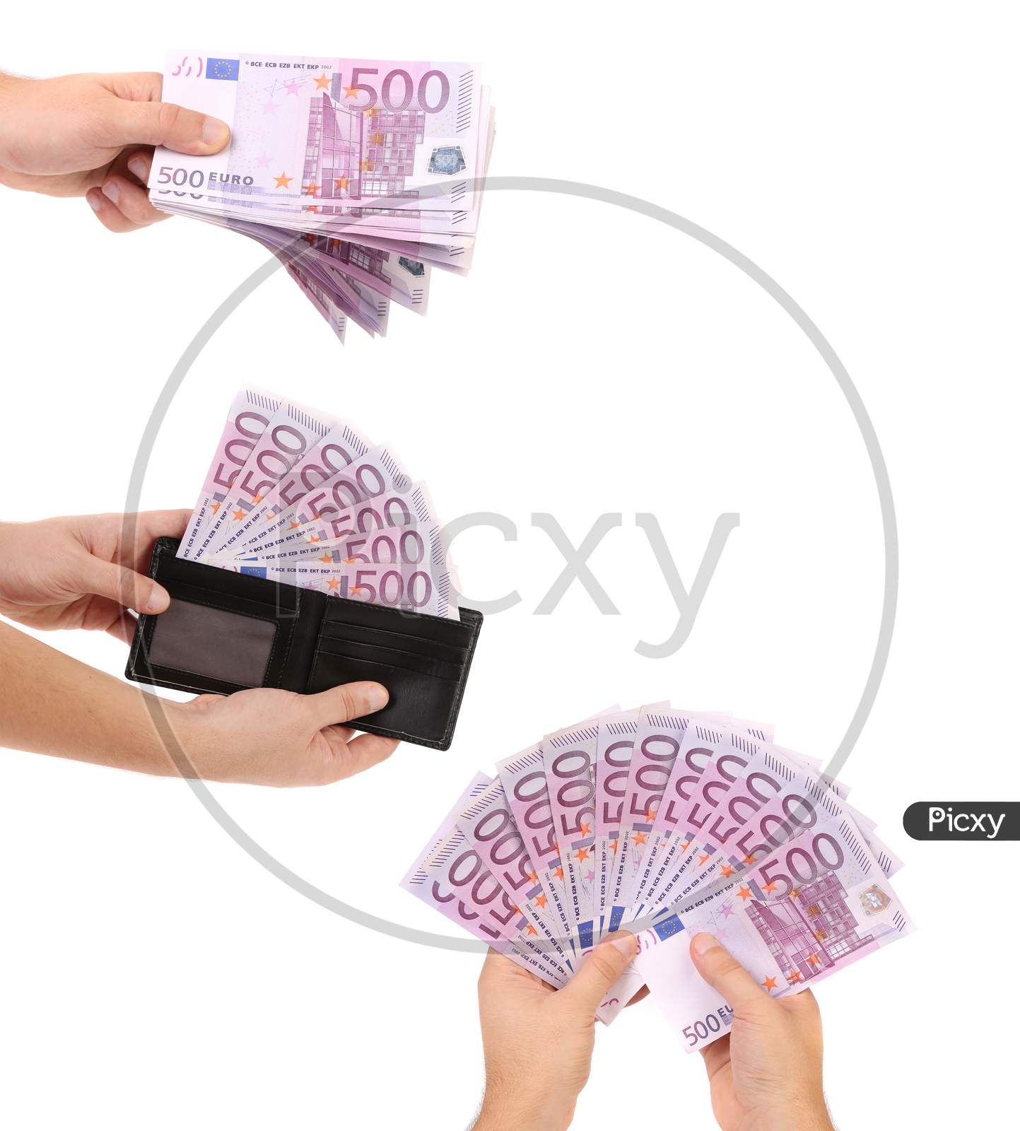 Hands holding a lot of banknotes in denominations of 500 euros.