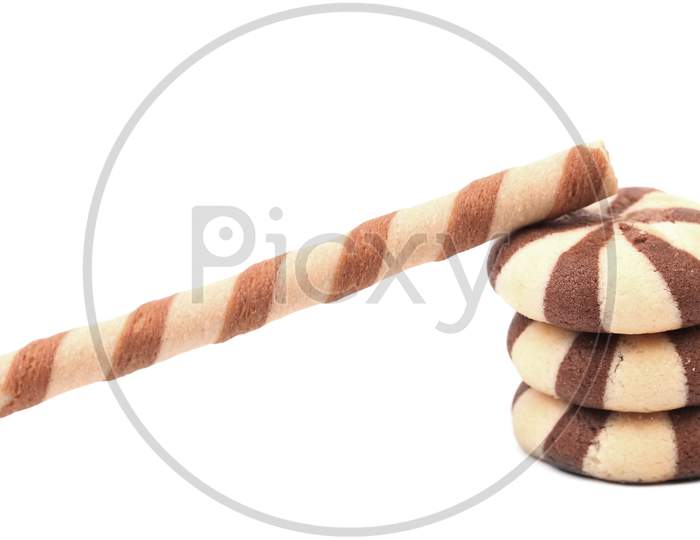 Chocolate Swafer Rolls And Stake Biscuits. Isolated On A White Background.