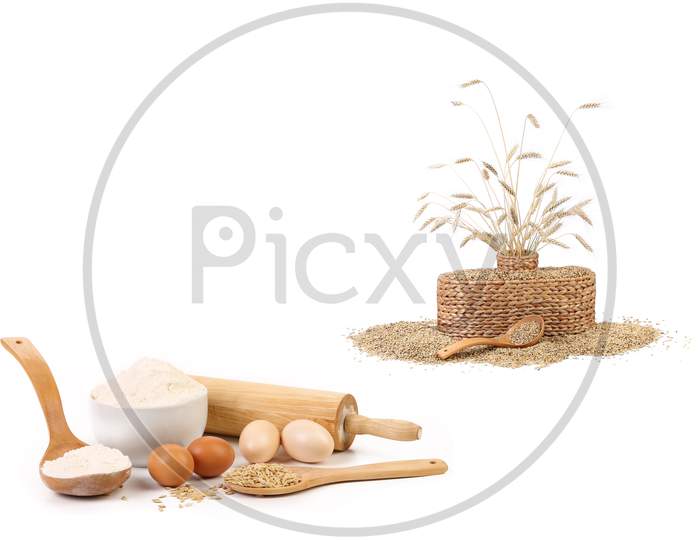 Collage Of Wheat Products. Isolated On A White Background.