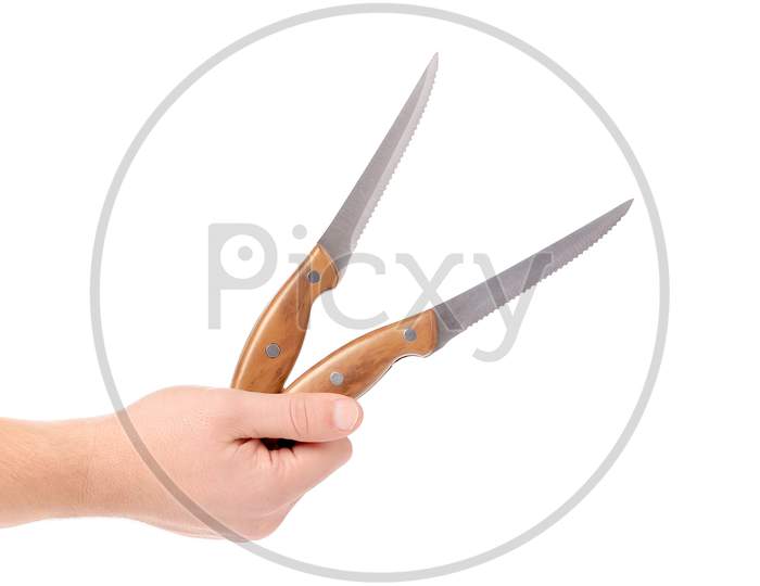 Hand Holds Kitchen Knifes. Isolated On A White Background.