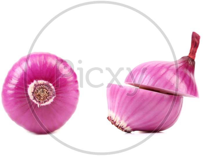 Close Up Of Violet Onion Cut. Isolated On A White Background.