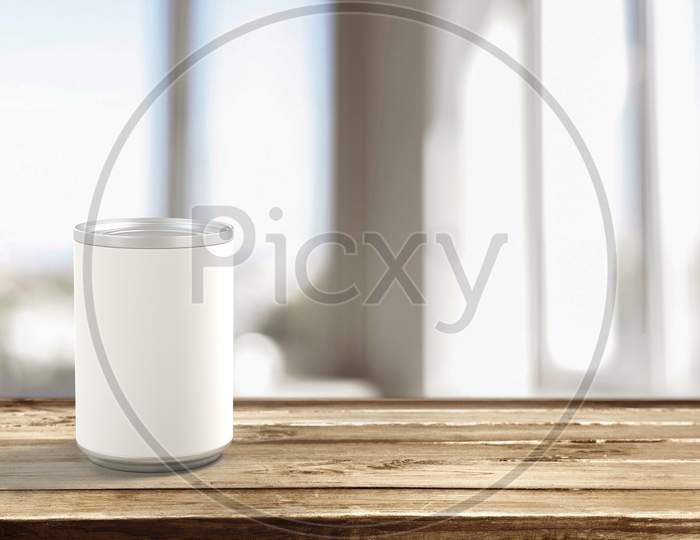 3D Render Of A Blank White Food Can With White Label Mockup On Wooden Table With Space For Text.