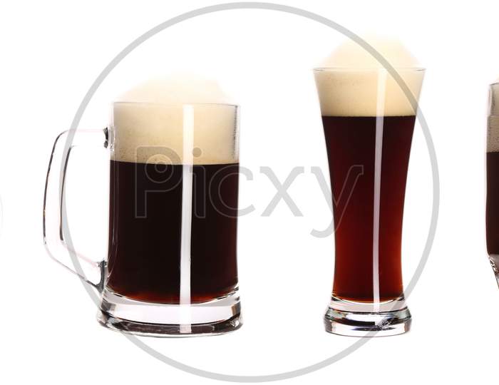 Close Up Of Various Beer Mugs. Isolated On A White Background.