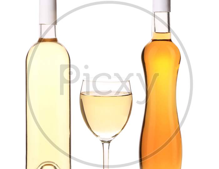 White And Fruit Wine Composition. Isolated On A White Background.