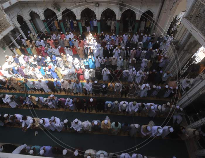 Indian Muslim Devotees Offering Prayers Or Performing Namaz In An Mosque During Eid Festival Celebrations