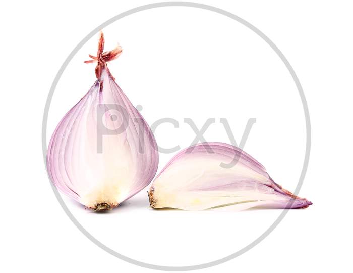Half And Slice Of Red Onion. Isolated On A White Background.