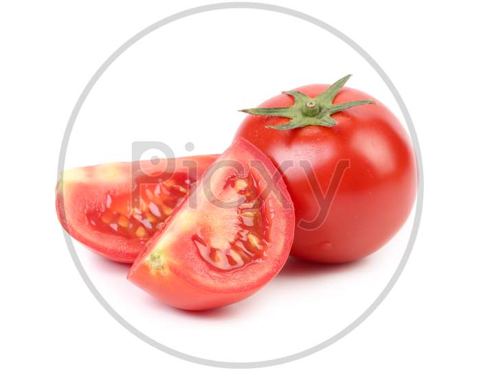 Fresh Tomato Whole And Segment. Isolated On A White Background.
