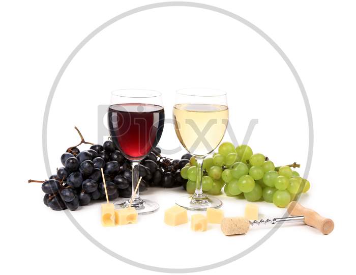 Wine Composition Of Glasses And Grapes. Isolated On A White Background.