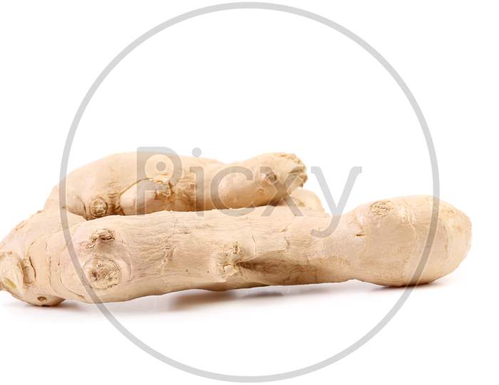 Close Up Of Ginger Root. Horisontal. Isolated On A White Background.