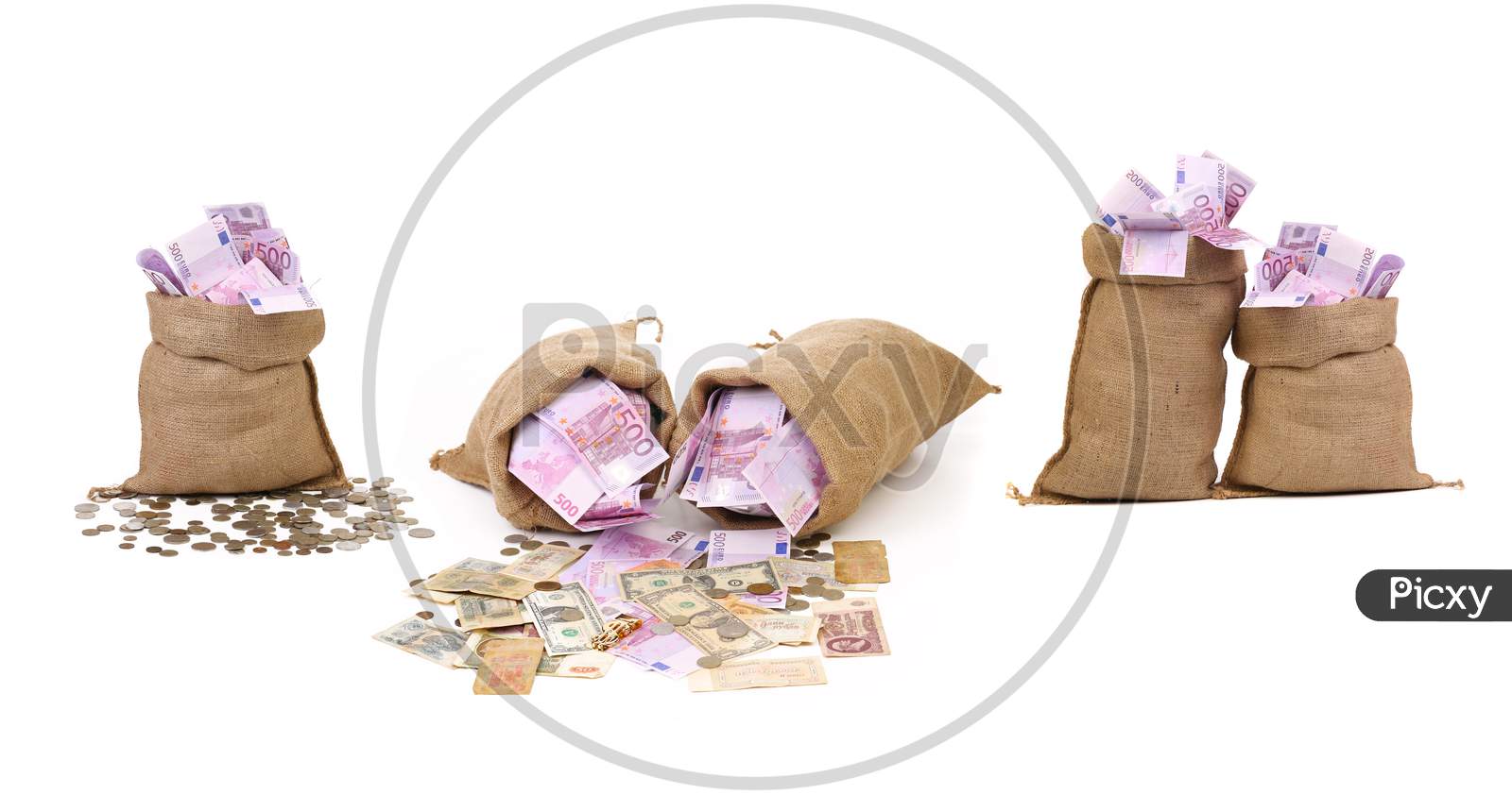 Collage Of Money In Bags. Isolated On A White Background.