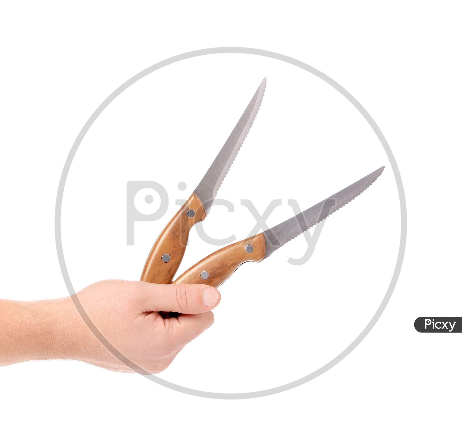 Hand Holds Kitchen Knifes. Isolated On A White Background.