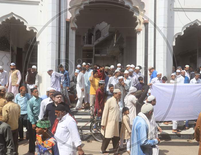 Indian Muslim Devotees Offering Prayers Or Performing Namaz In An Mosque During Eid Festival Celebrations