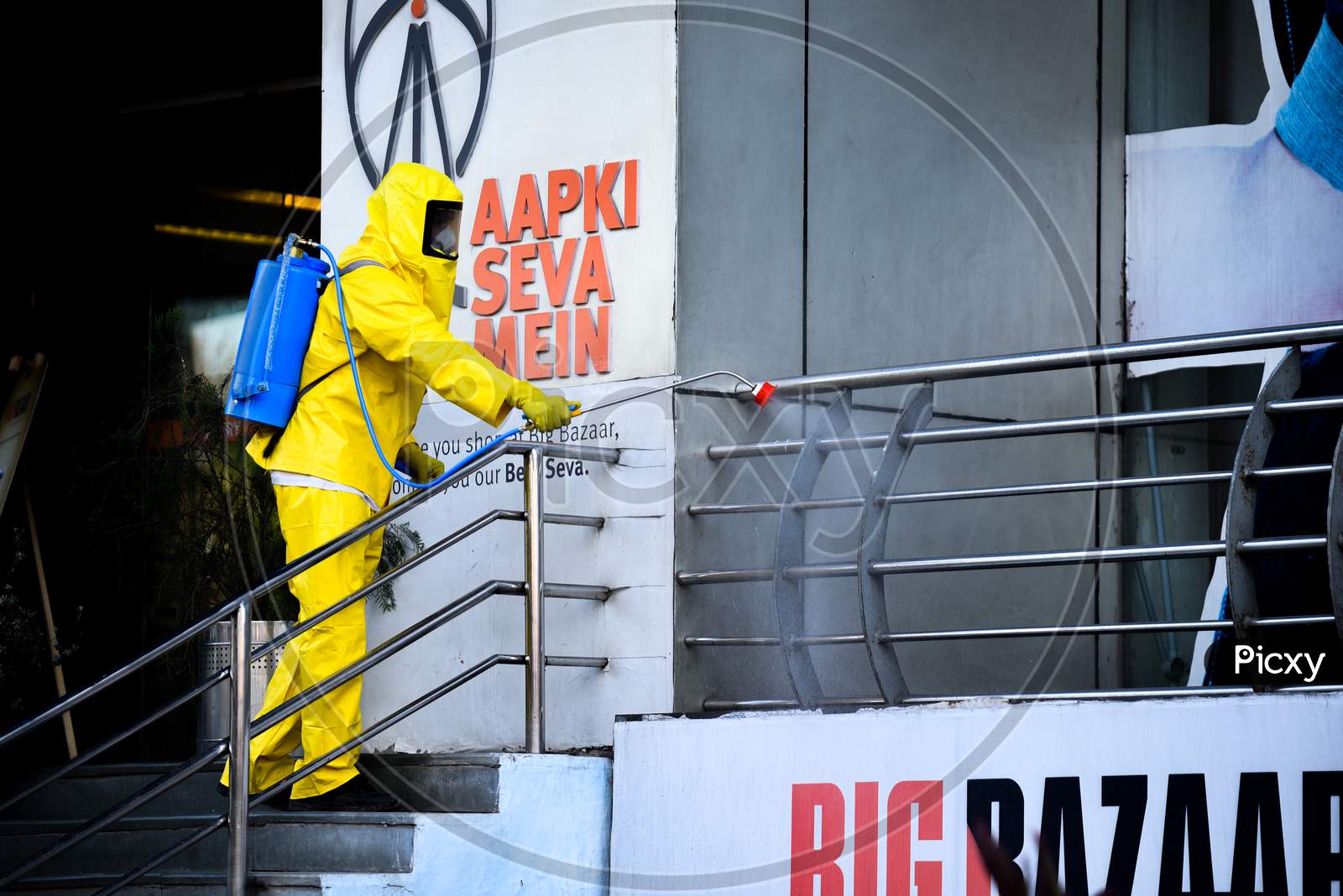 Disaster Response Force(DRF) team with full body suits spraying Disinfectant Solution across the Hyderabad City to reduce the spread of the COVID-19 Virus or Coronavirus
