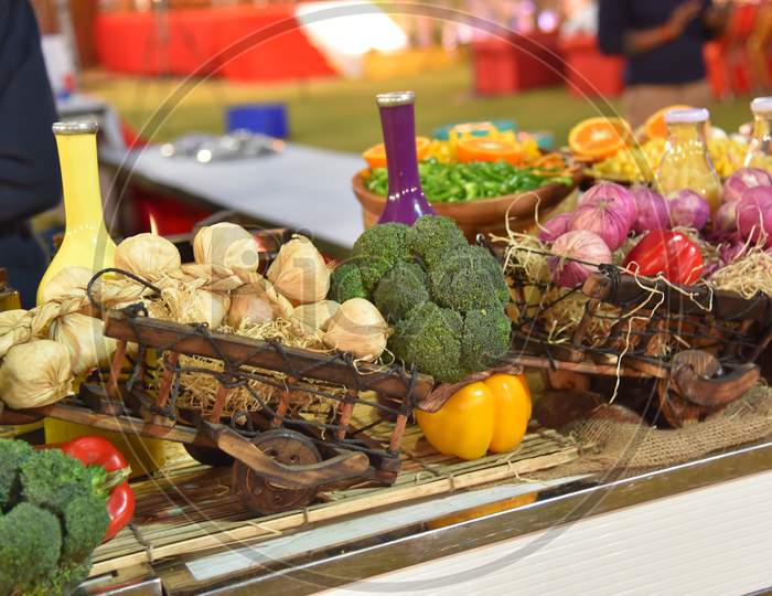 Food Stalls With Indian Food Items At an Indian Wedding Feast