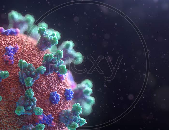 3d render of corona virus model in cyan background with space for text.