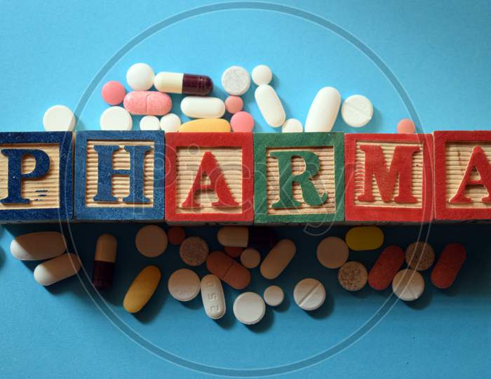 Pharma Text In Wooden Block
