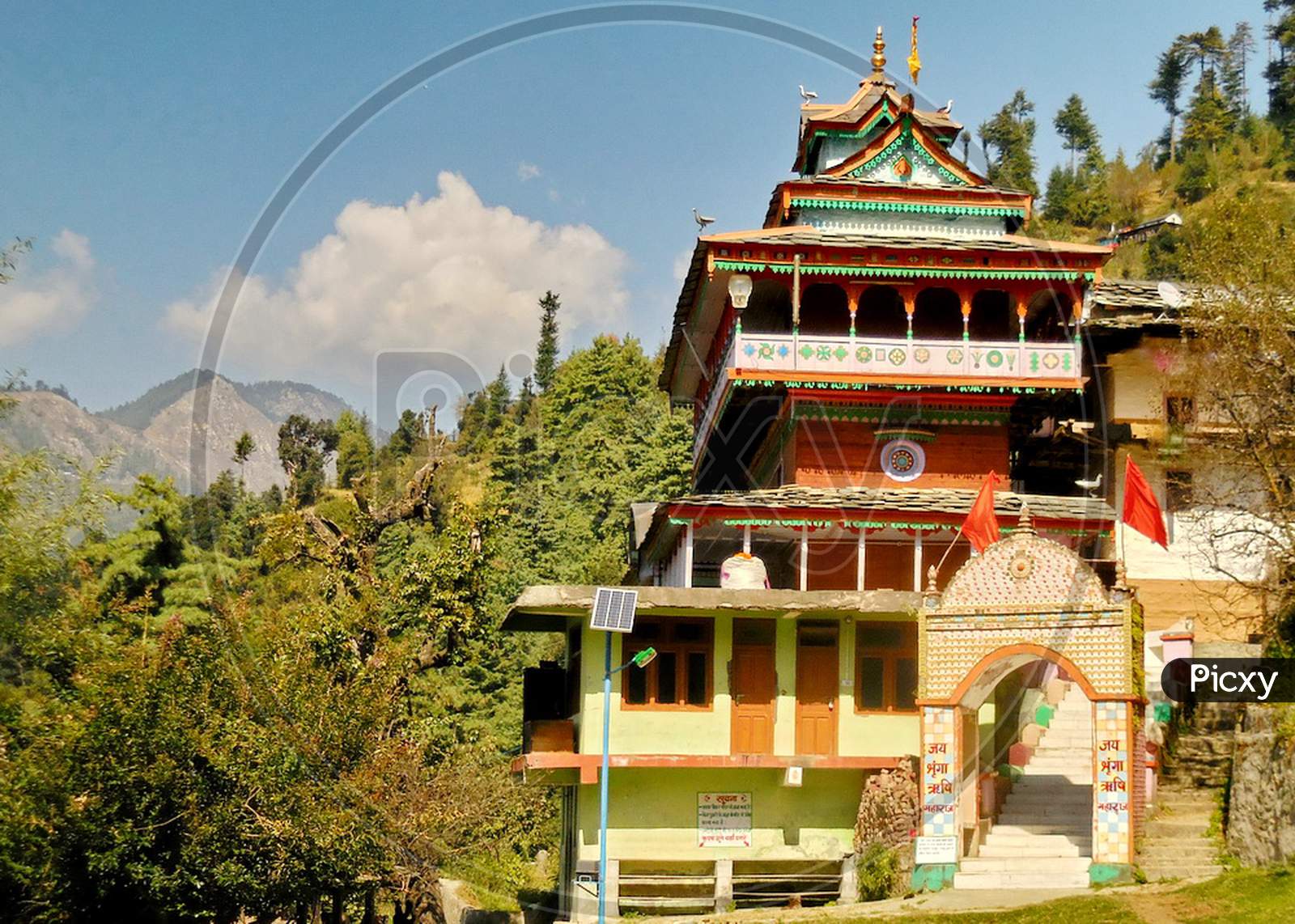 Close up view of wooden made temple in hill area of Himachal Pradesh.
