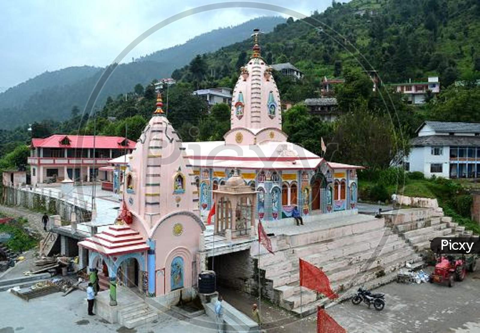 Close up view of temple in Himachal Pradesh.
