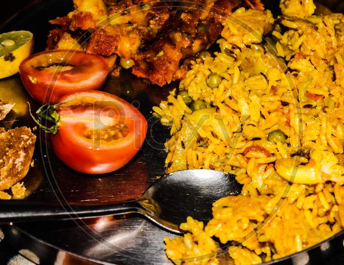 Indian Rice Recipe Biryani Served in a Plate Closeup