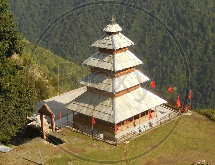 Close up view of temple in hill area.