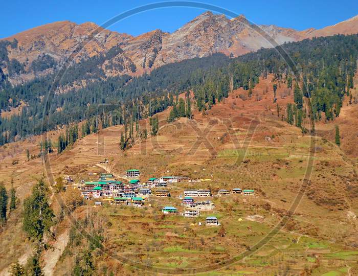 Close up view of village in mountains.