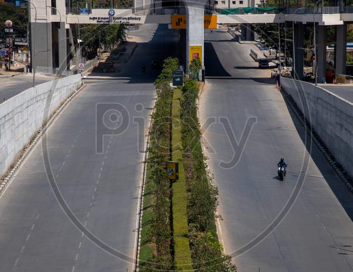 Janata Curfew, Deserted Roads At Raidurg Metro Station   in Hyderabad  As Indian Prime Minister Narendra Modi Called For a 14 Hour Janta  Curfew Or Self-imposed  Quarantine To Break The  Highly Contagious  COVID 19 Or Corona Virus Spread