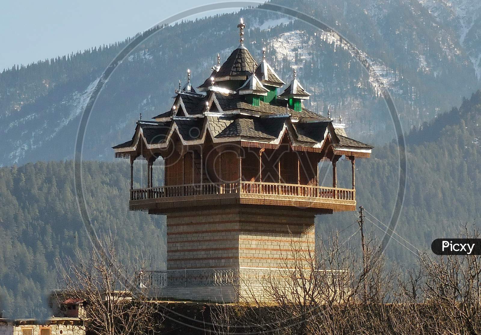 Close up view of temple in hill area.