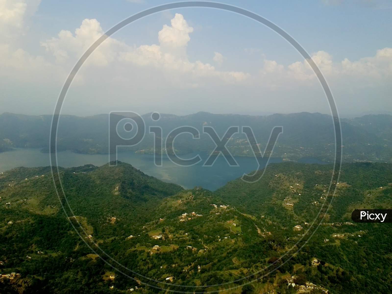 Close up view of lake seen from hills.
