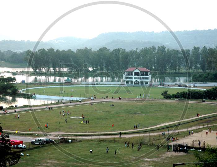 Closeup view of cricket stadium near Gobind Sagar lake in Himachal Pradesh.
