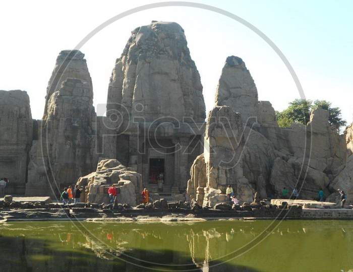 Close up view of Masroor rock cut temple in Kangra Himachal Pradesh.