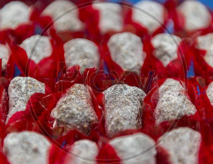 Close Up Of Delicious Candies At Party Reception. Typical Sweets From Brazil. Delicacy Tasted By Children And Adults. Selective Focus.