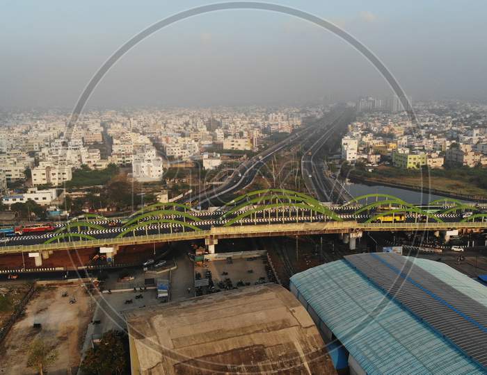 Top view of Velachery Bridge and Railway Station