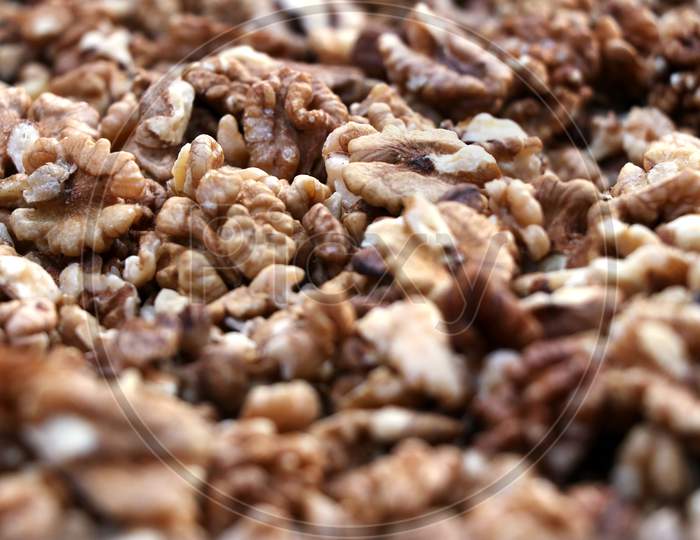 Closeup Of Big Shelled Walnuts (Akhrot) Pile Sold In Indian Market
