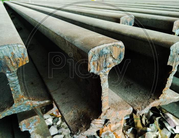 Iron Bars of Indian Railway  Tracks At an Railway Station Compound