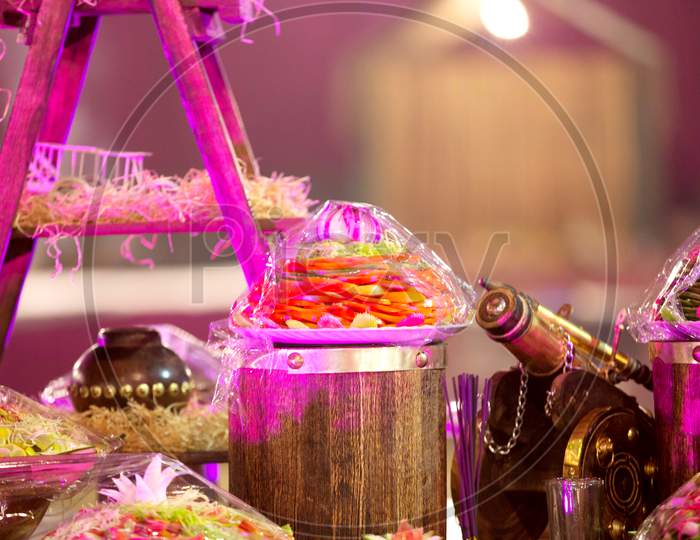 Beautifully Decorated Catering Banquet Table With Variety Of Different Food Snacks And Appetizers On Party Event Or Wedding Celebration