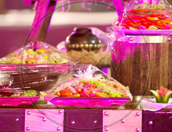 Beautifully Decorated Catering Banquet Table With Variety Of Different Food Snacks And Appetizers On Party Event Or Wedding Celebration