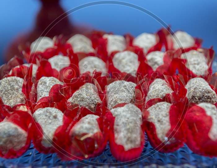 Close Up Of Delicious Candies At Party Reception. Typical Sweets From Brazil. Delicacy Tasted By Children And Adults. Selective Focus.