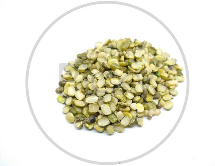 Split Dried Green gram  or Moong Dal  On White  Background