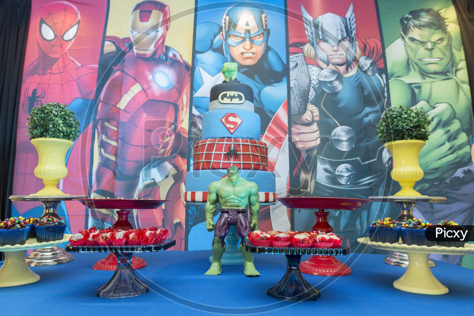 Florianopolis - Brazil, December 22, 2019. Superhero Themed Kids Birthday Party. Dc Characters And Marvel Comics. Superheroes Are Appreciated By Children All Over The World. Selective Focus.