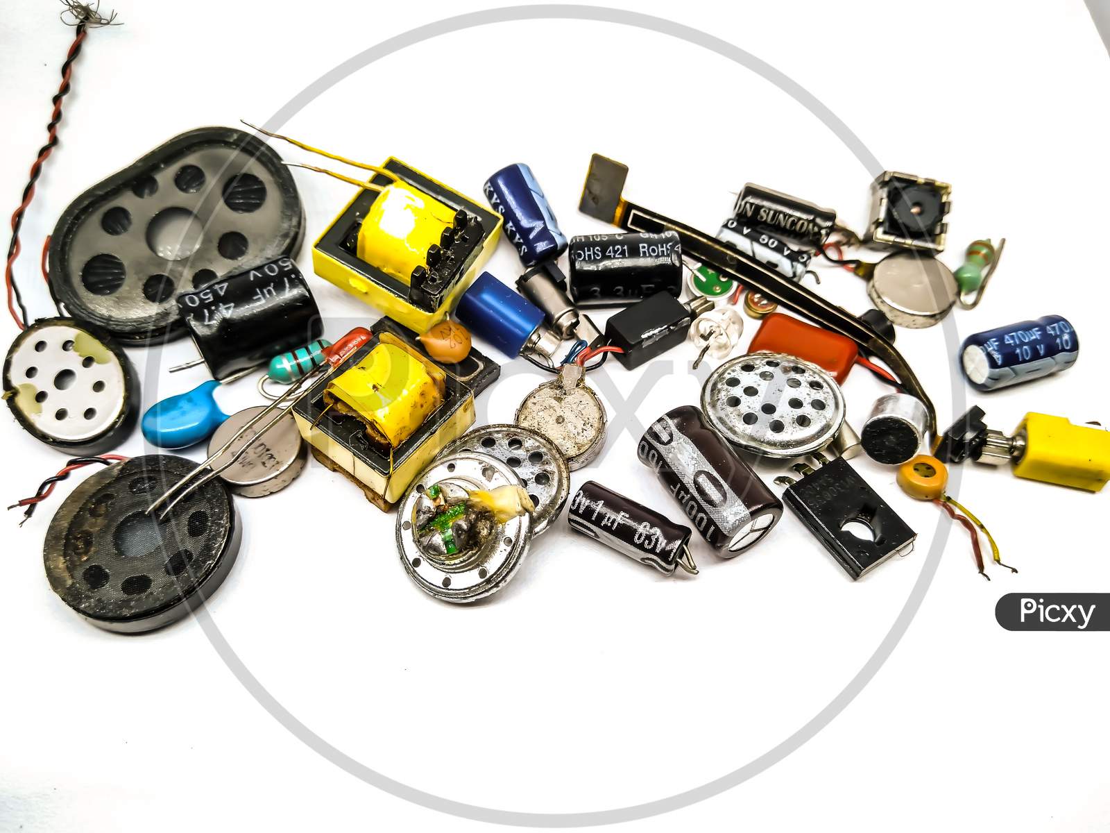 Micro Electronic parts Or Components Closeup Over an isolated White Background