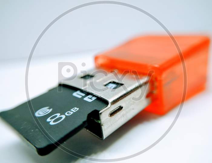 Micro SD Memory Card  And Card Reader On White Background