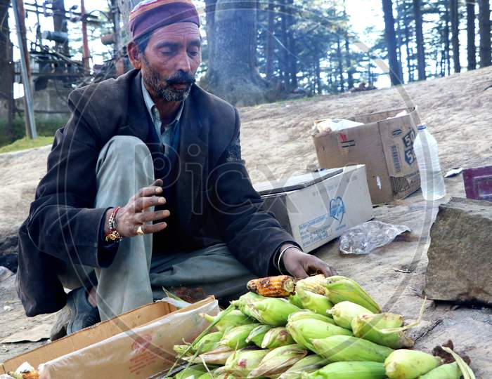 An Indian Old Man Sale Bhutta (Fire Roasted Corn) Street Food At Katra, Jammu, India - 17 October, 2018