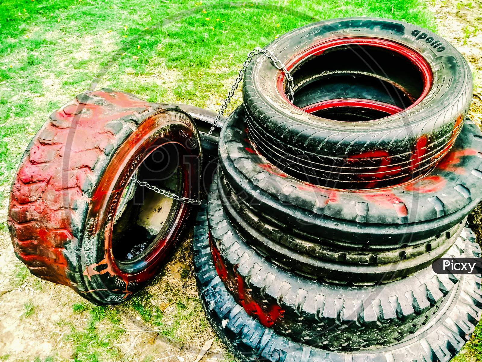 Rubber Tyres in an lawn Garden
