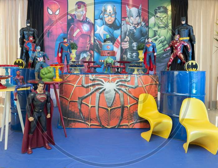 Florianopolis - Brazil, December 22, 2019. Superhero Themed Kids Birthday Party. Dc Characters And Marvel Comics. Superheroes Are Appreciated By Children All Over The World. Selective Focus.